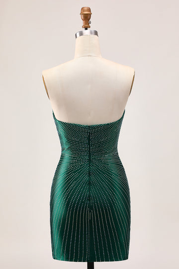 Strapless Bodycon Beaded Dark Green Homecoming Dress With Slit